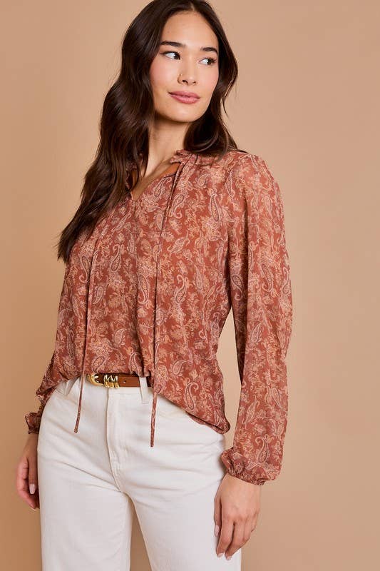 Long Sleeve Drawstring Neck Shirring Floral Print Top