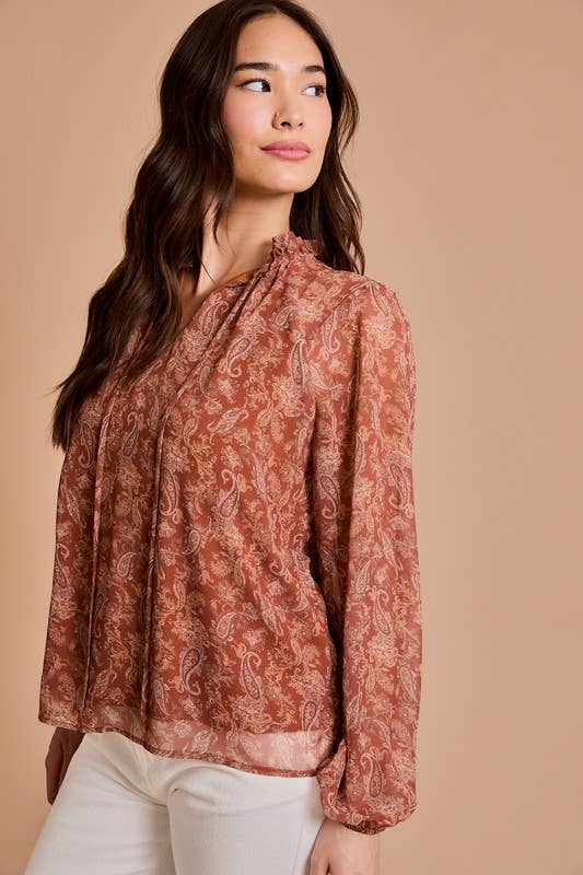 Long Sleeve Drawstring Neck Shirring Floral Print Top