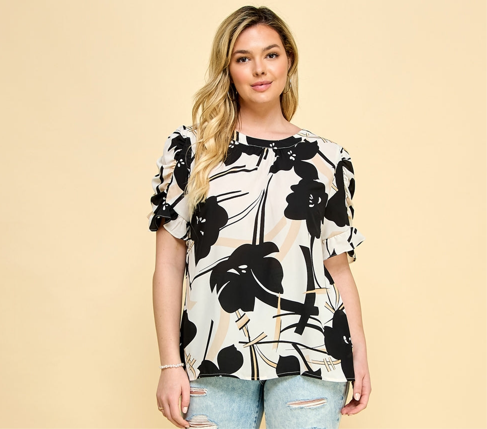 Elbow Sleeve Side Ruffle Blouse