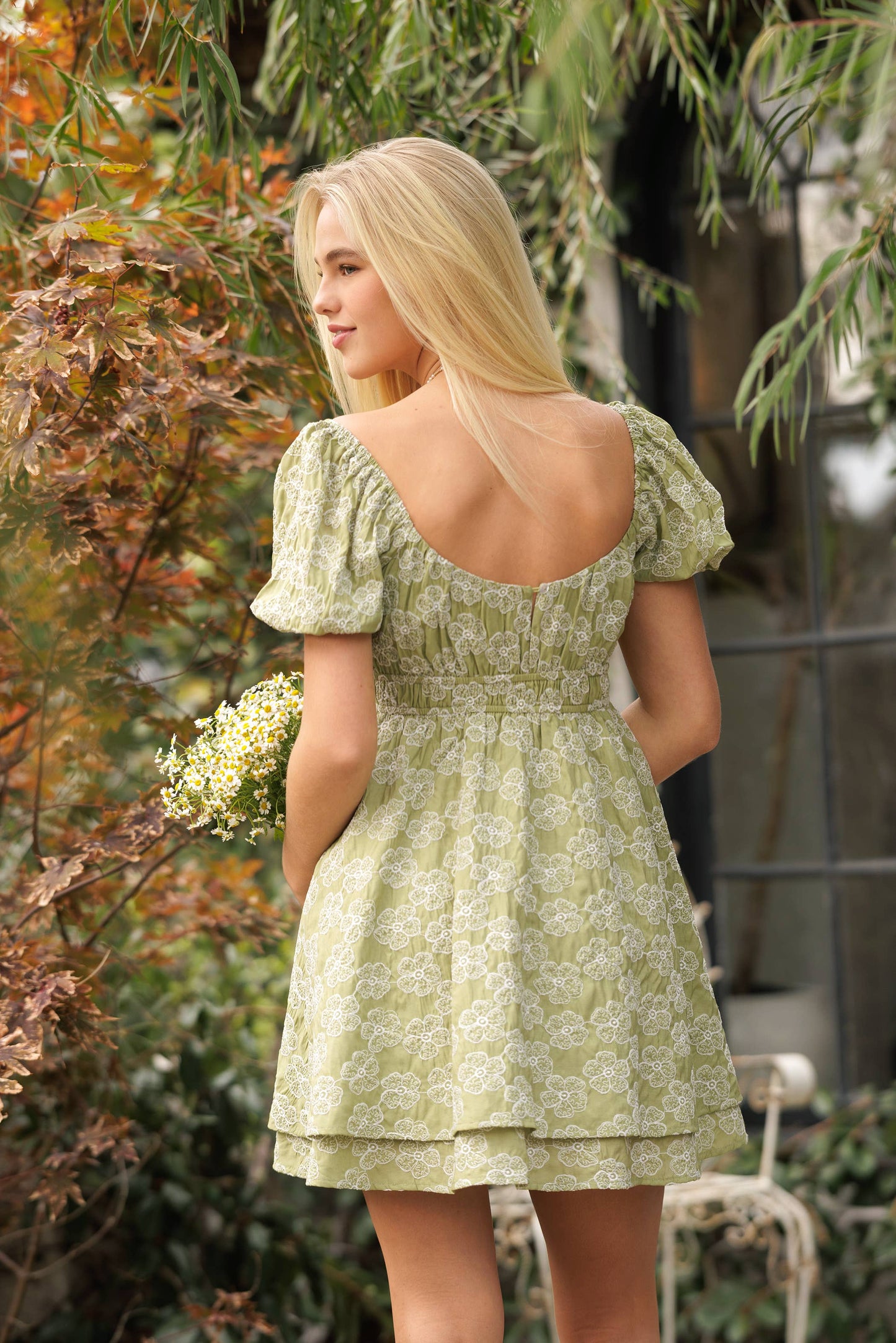 Textured Floral Embroidered Peasant Dress