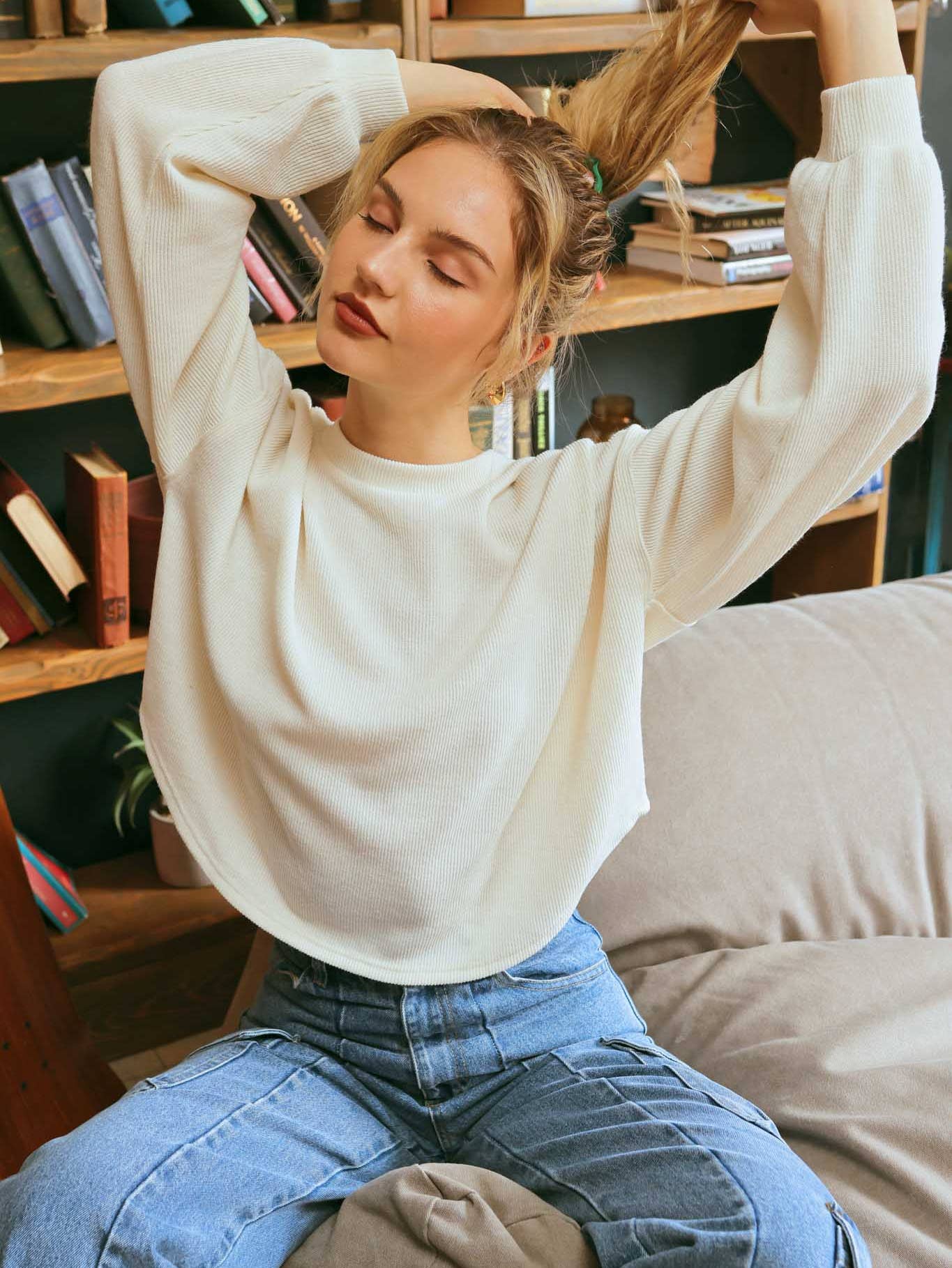 Ruched Back Long Sleeve Knit Top