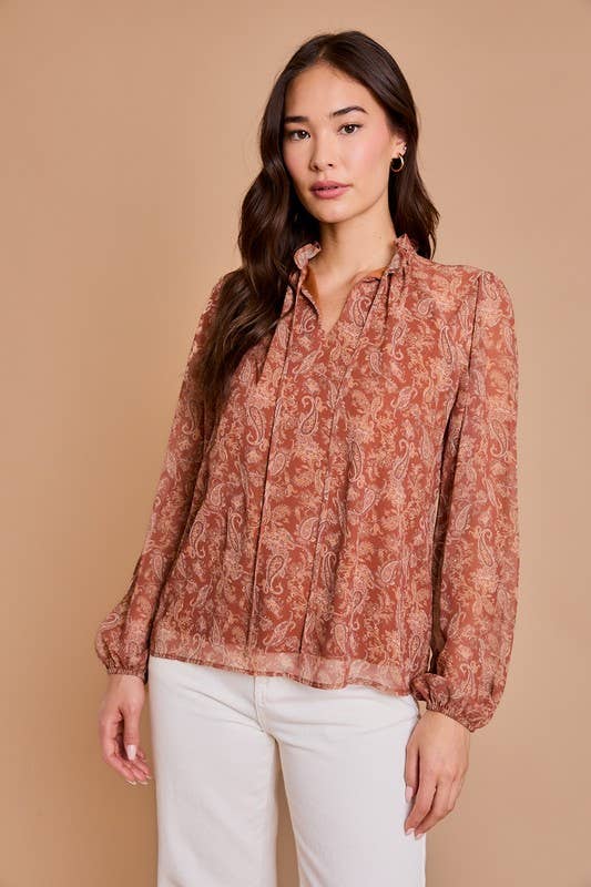 Long Sleeve Drawstring Neck Shirring Floral Print Top