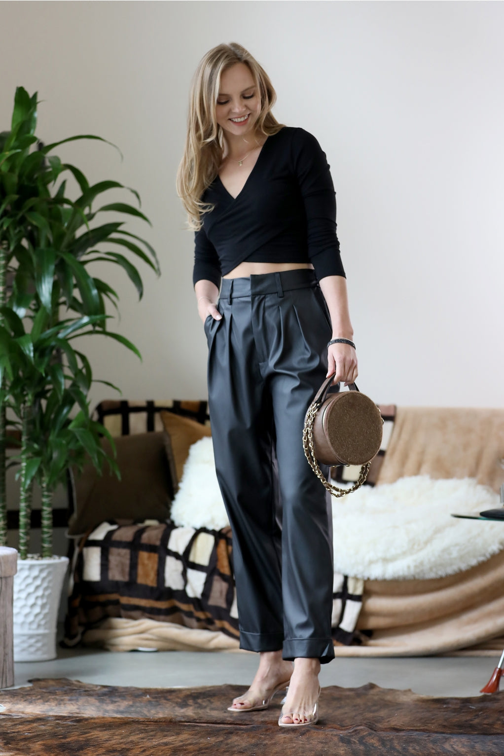 Brown Vegan Leather Pleat Front Pants