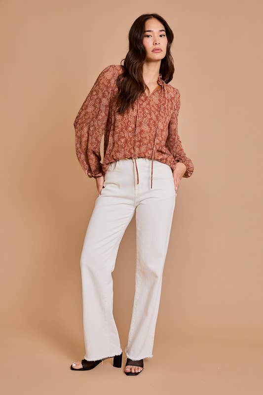Long Sleeve Drawstring Neck Shirring Floral Print Top