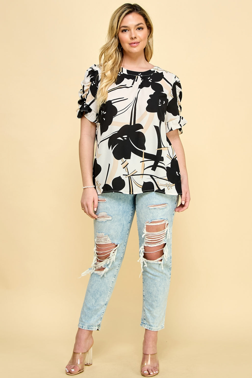 Elbow Sleeve Side Ruffle Blouse