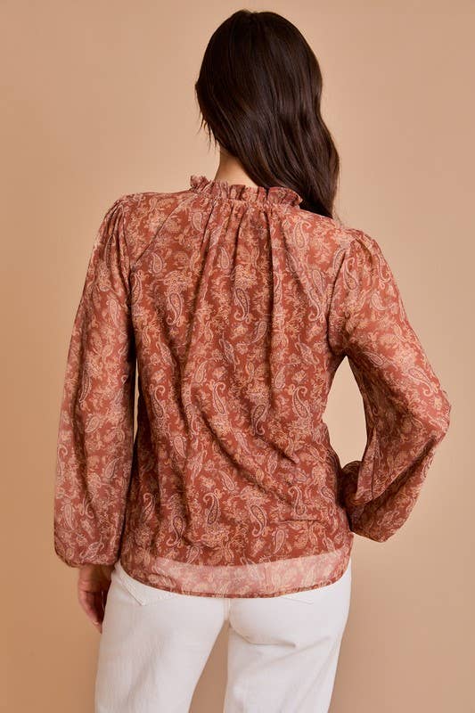 Long Sleeve Drawstring Neck Shirring Floral Print Top