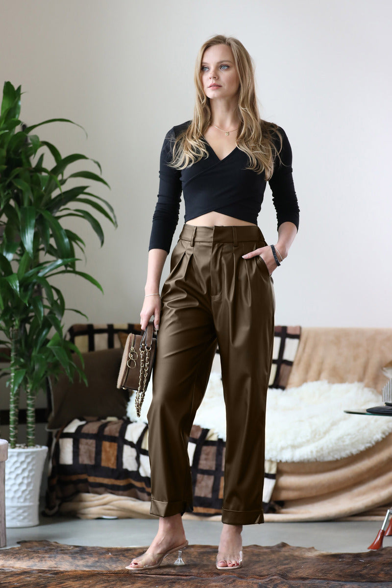 Brown Vegan Leather Pleat Front Pants