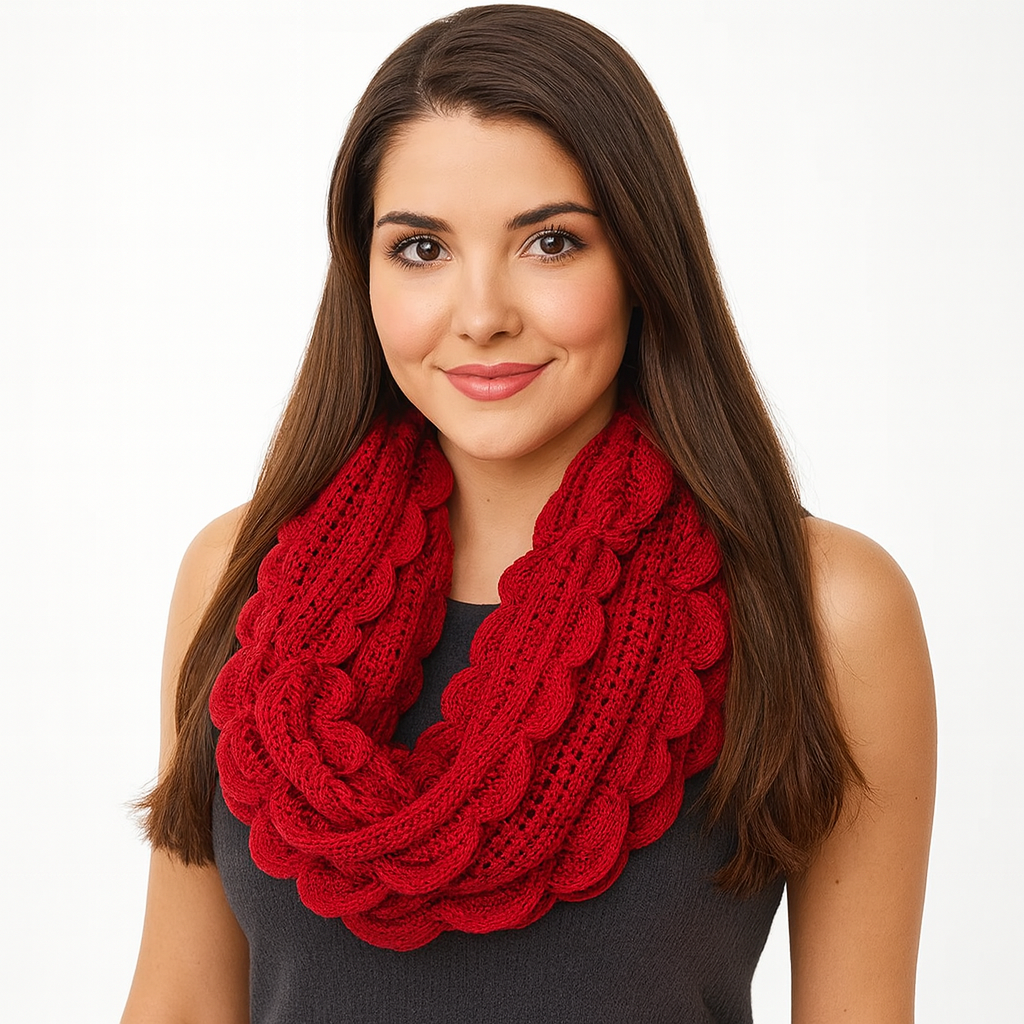 Brick Red Oversized Scalloped Ruffle Knit Infinity Scarf