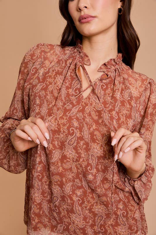 Long Sleeve Drawstring Neck Shirring Floral Print Top