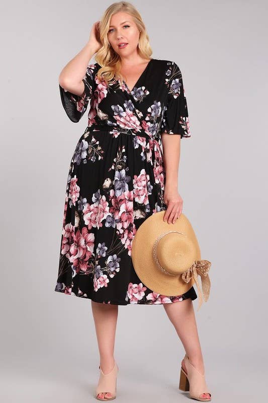 Woven Floral Wrap Midi Dress