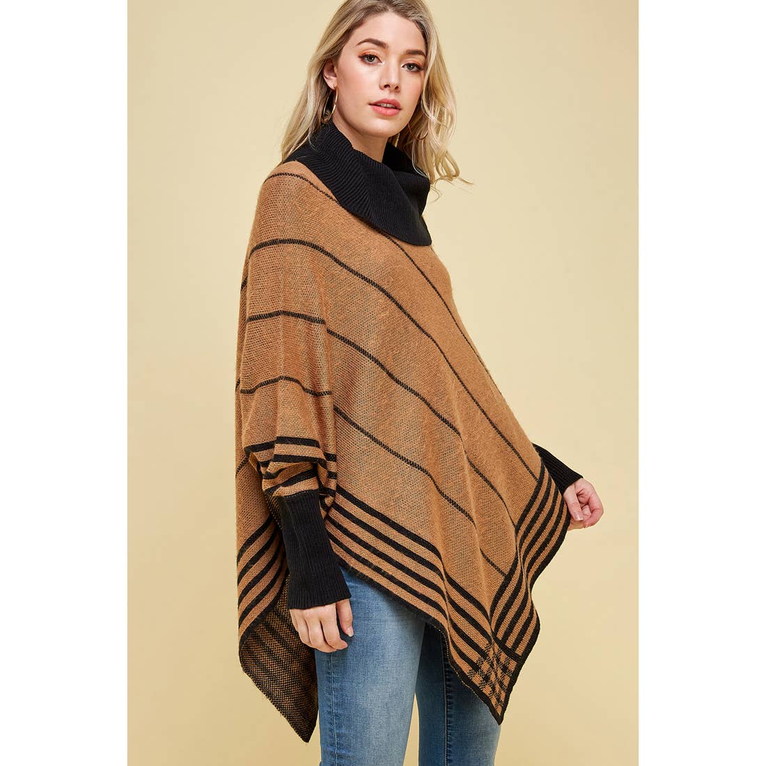 Hanky Hem Cowl Neck Striped Shawl Sweater