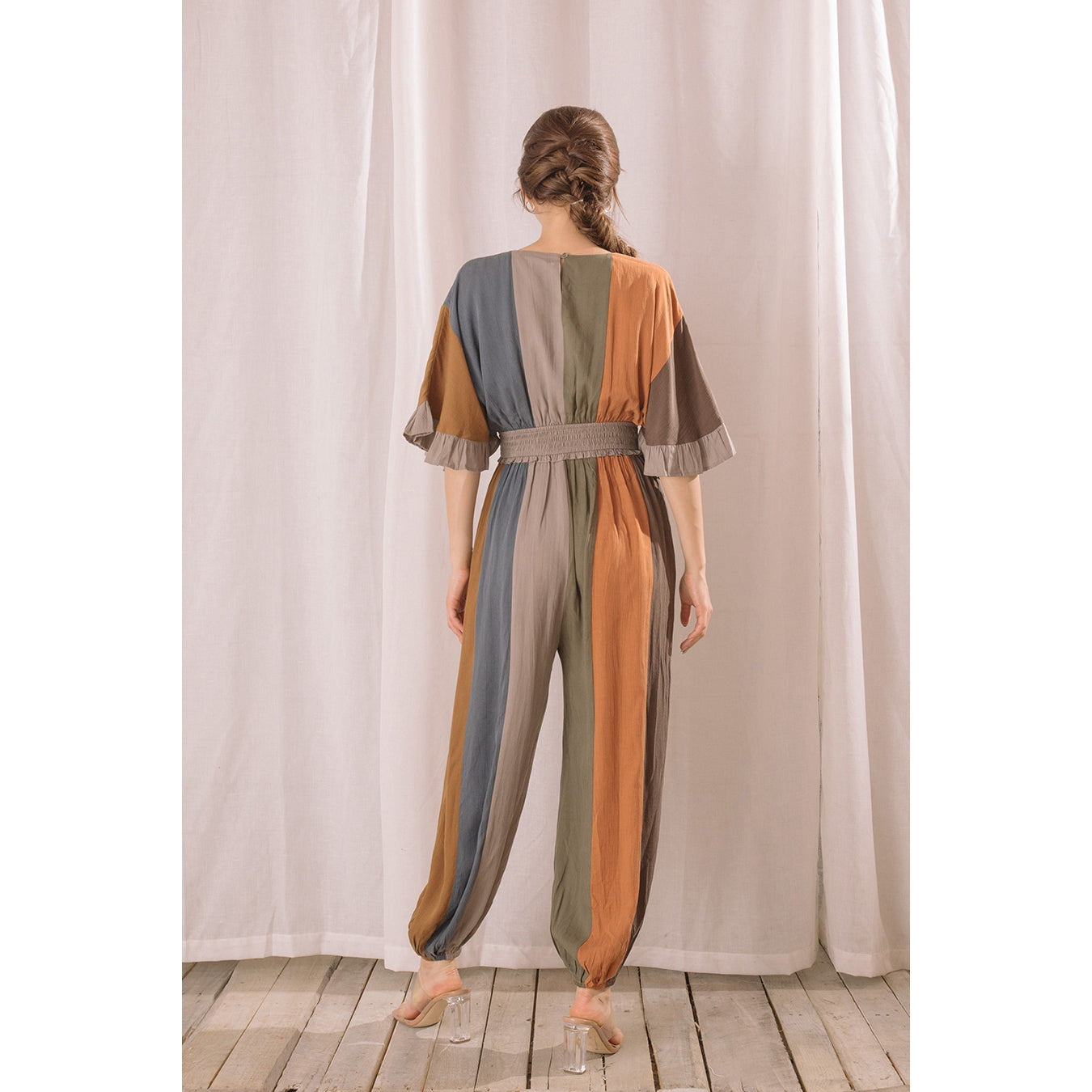 Dark Color Block Dolman Sleeve Jumpsuit