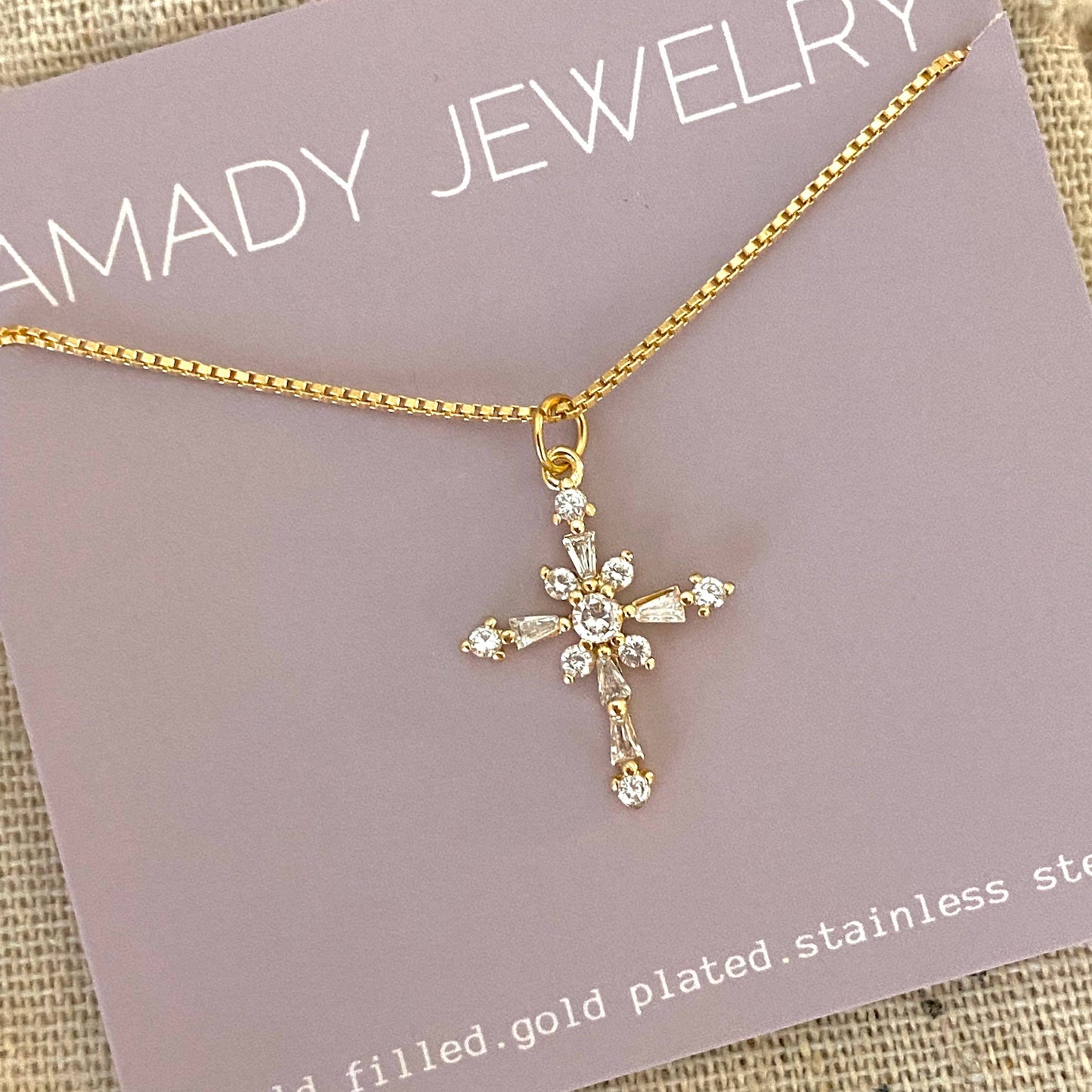 18k Gold Filled Chain Cross Charm Pendant Glass Gold Plated