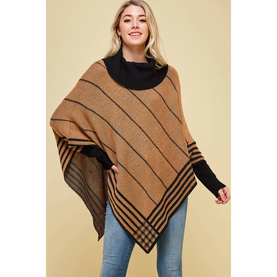 Hanky Hem Cowl Neck Striped Shawl Sweater