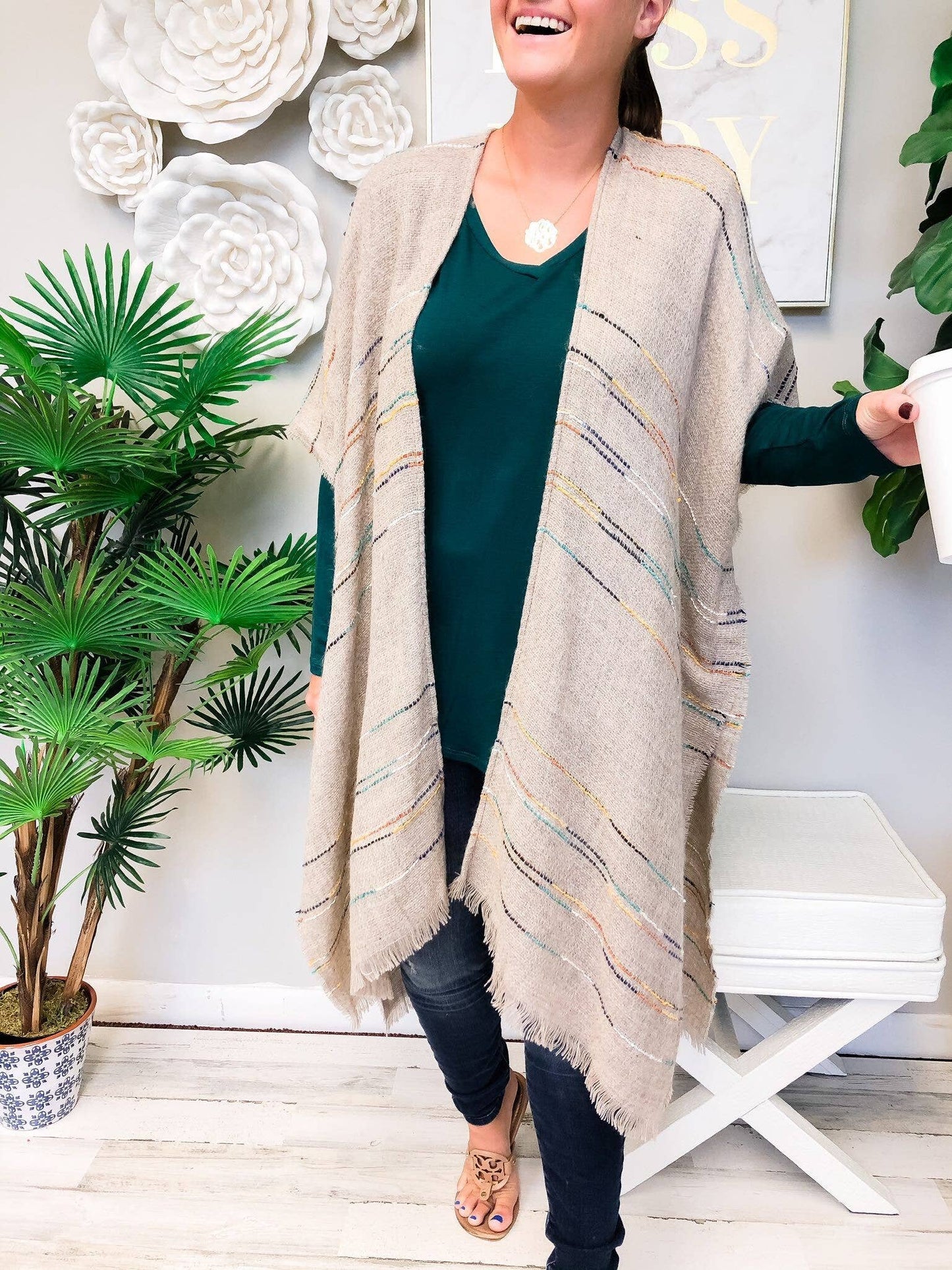 Stitched Stripe Fringe Kimono