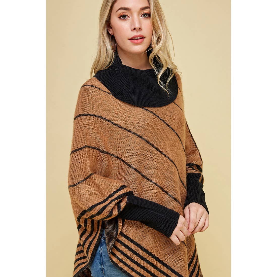 Hanky Hem Cowl Neck Striped Shawl Sweater