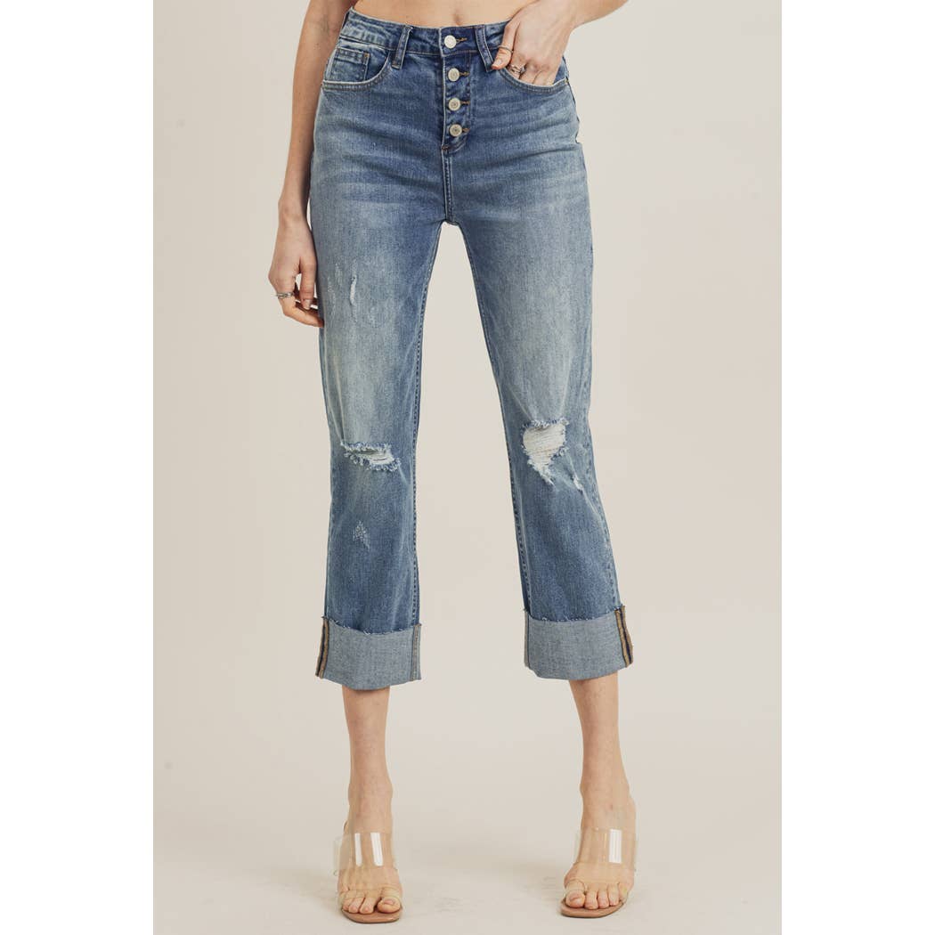 High Waist Distressed Straight Leg Jeans