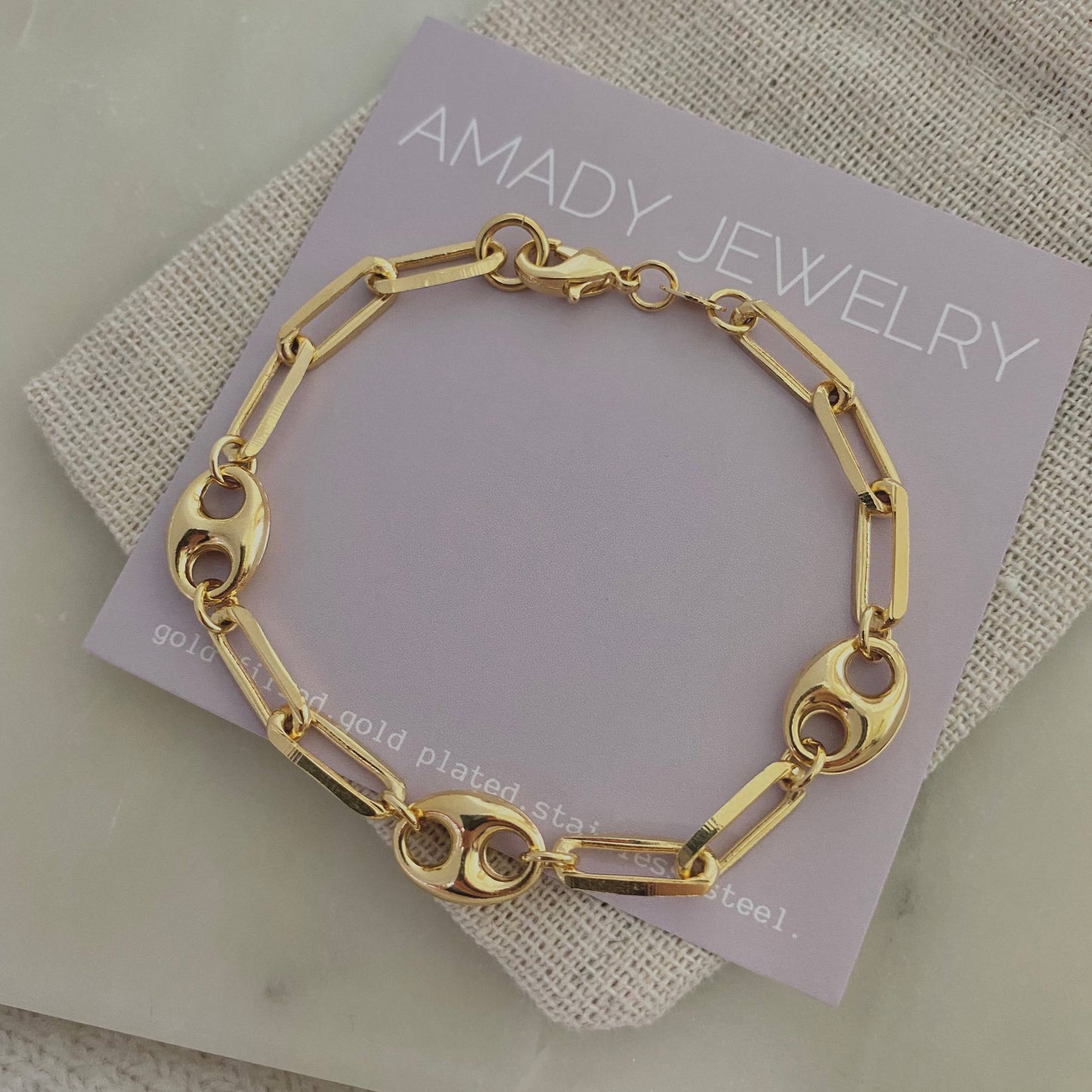 18k Gold Filled Mariner and Paperclip Link Chain Bracelet