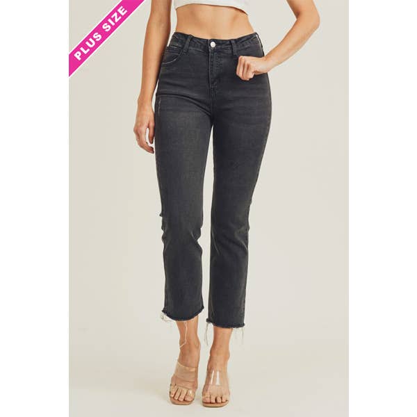 Plus Size High Waist Raw Hem Ankle Straight