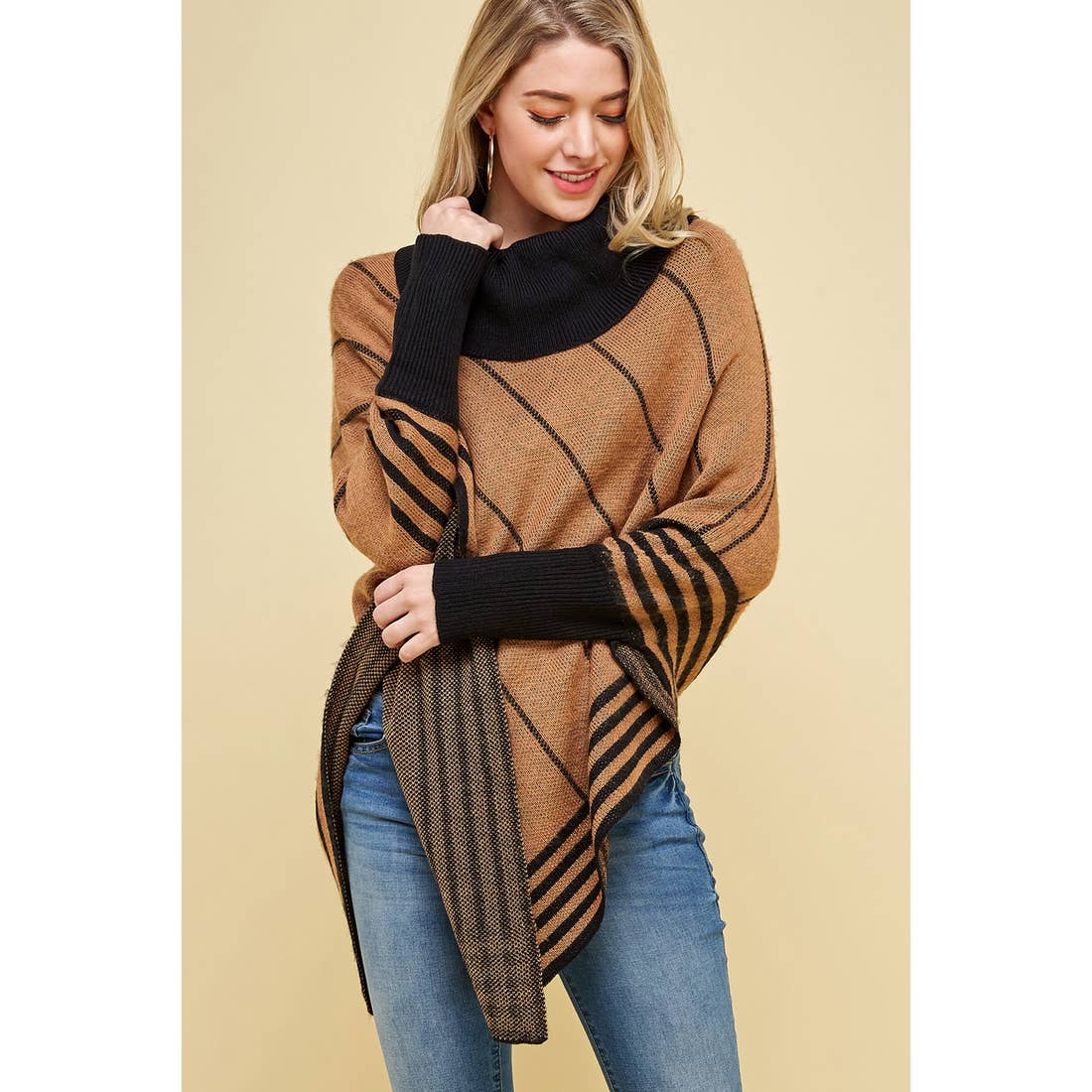 Hanky Hem Cowl Neck Striped Shawl Sweater