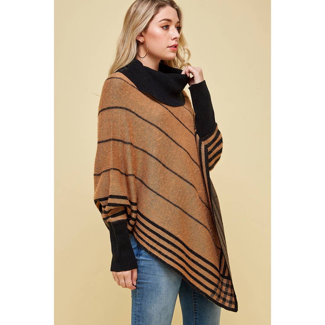 Hanky Hem Cowl Neck Striped Shawl Sweater