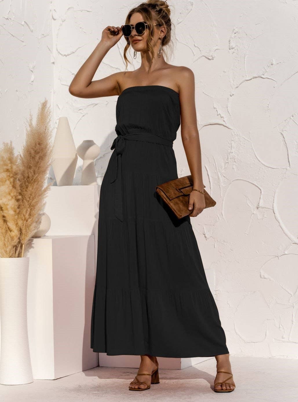 Black Strapless Spring Tie Maxi