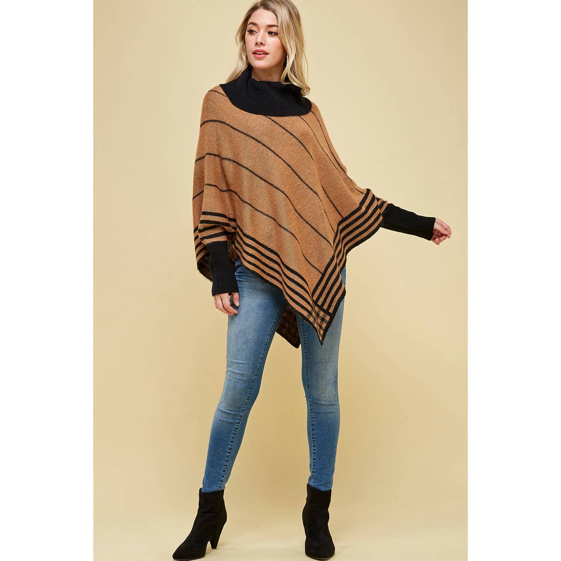Hanky Hem Cowl Neck Striped Shawl Sweater