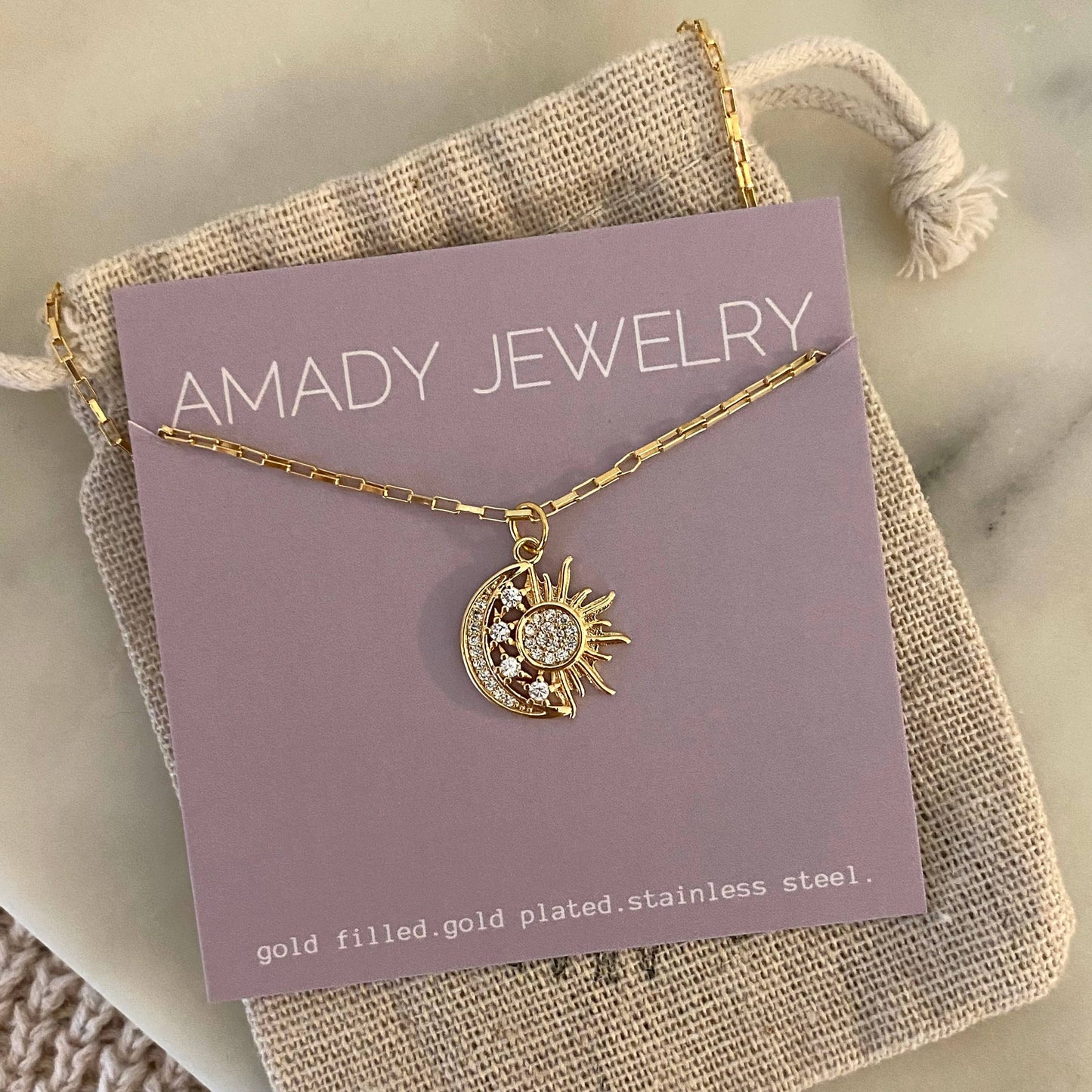 18k Gold Filled Sun Moon Stars Pendant Charm Necklace