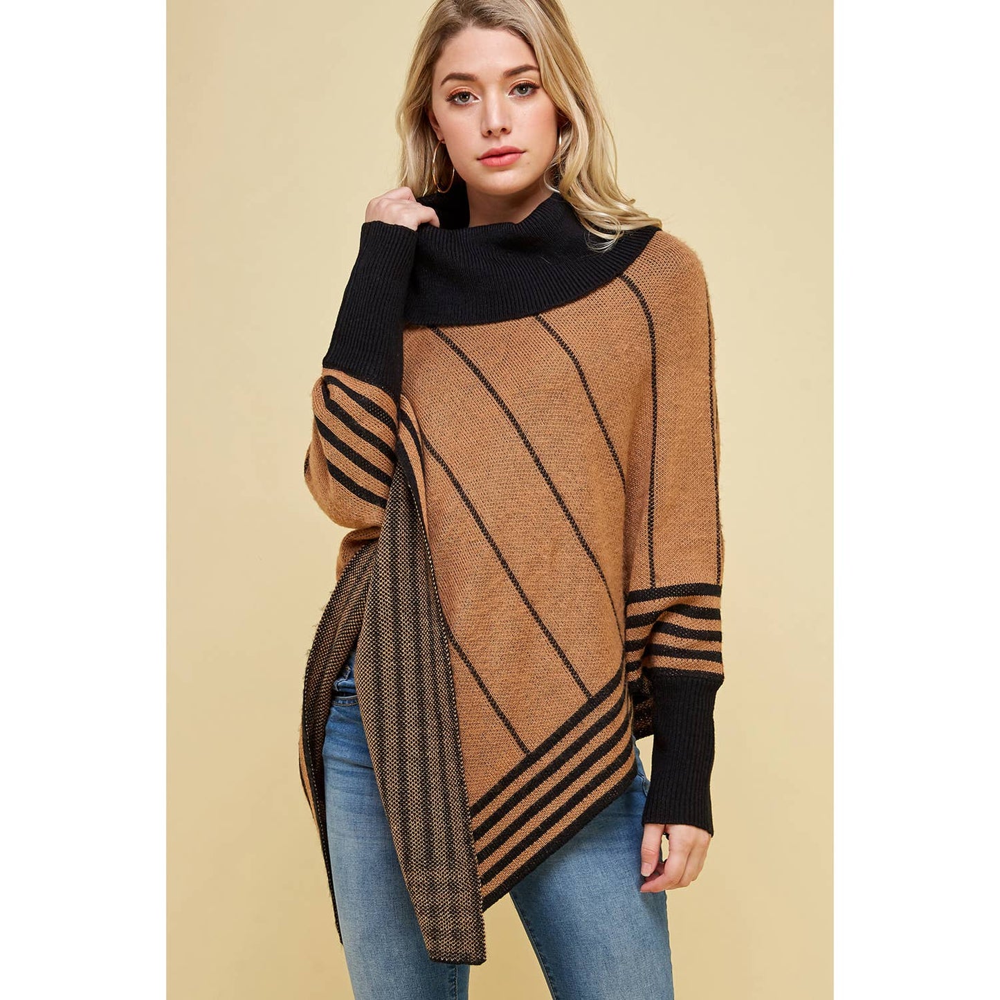 Hanky Hem Cowl Neck Striped Shawl Sweater