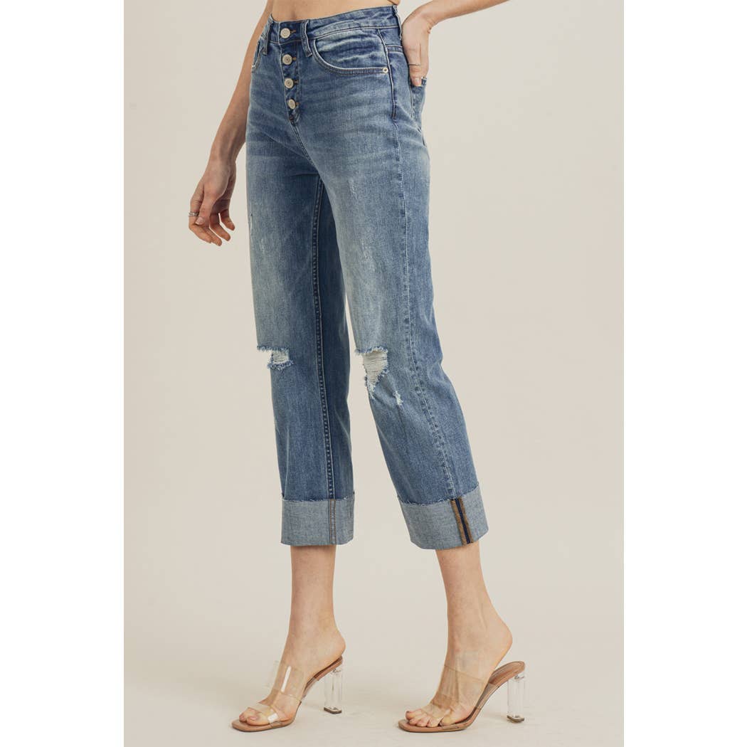 High Waist Distressed Straight Leg Jeans