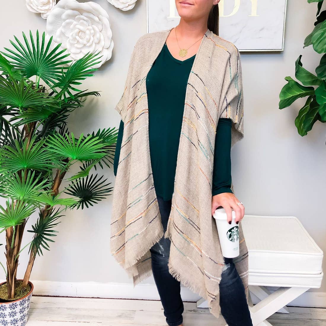 Stitched Stripe Fringe Kimono