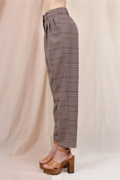 High Waisted Brown Plaid Pleated Chic Pants