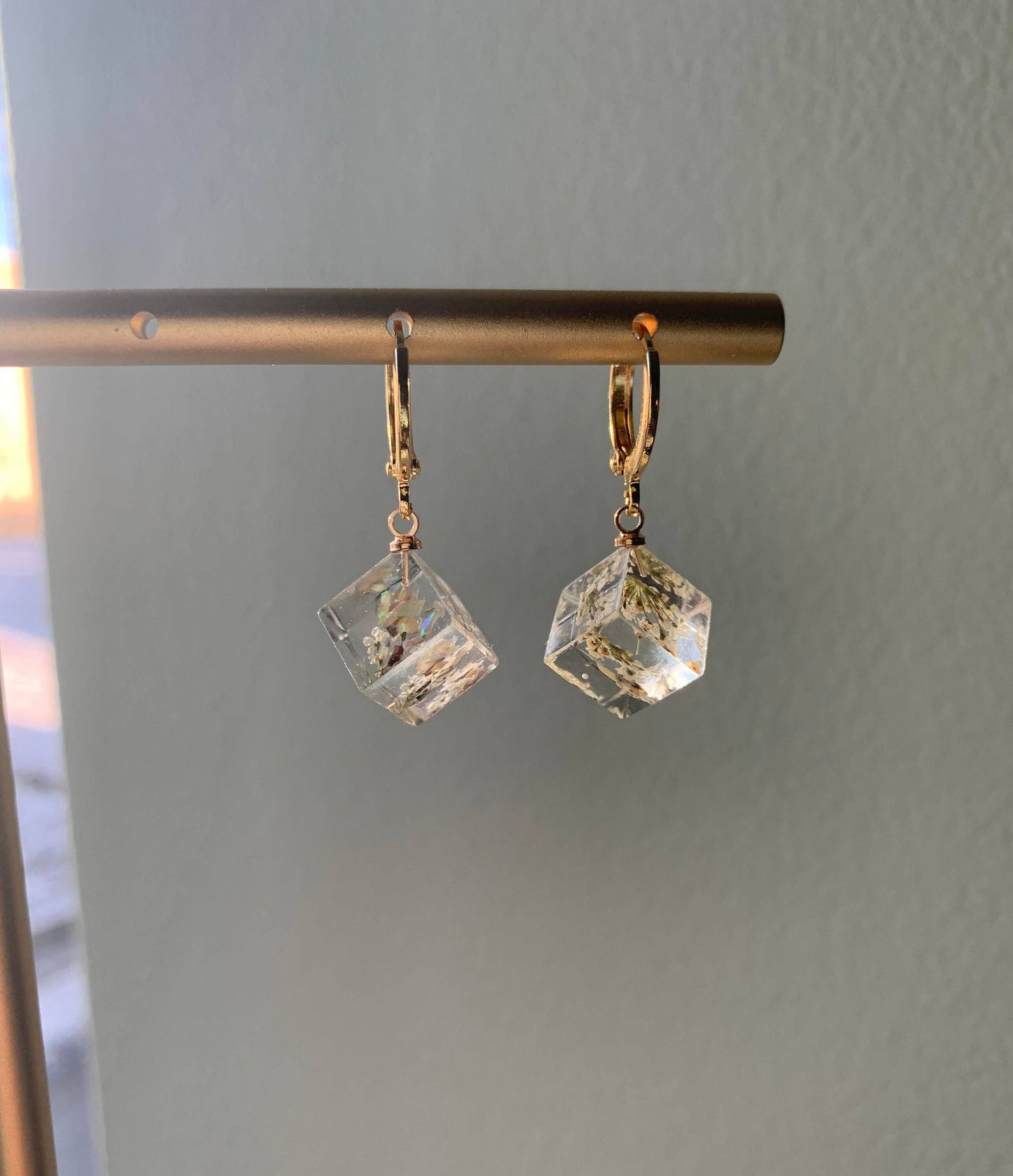Unique Preserved Dandelion Cube Earrings