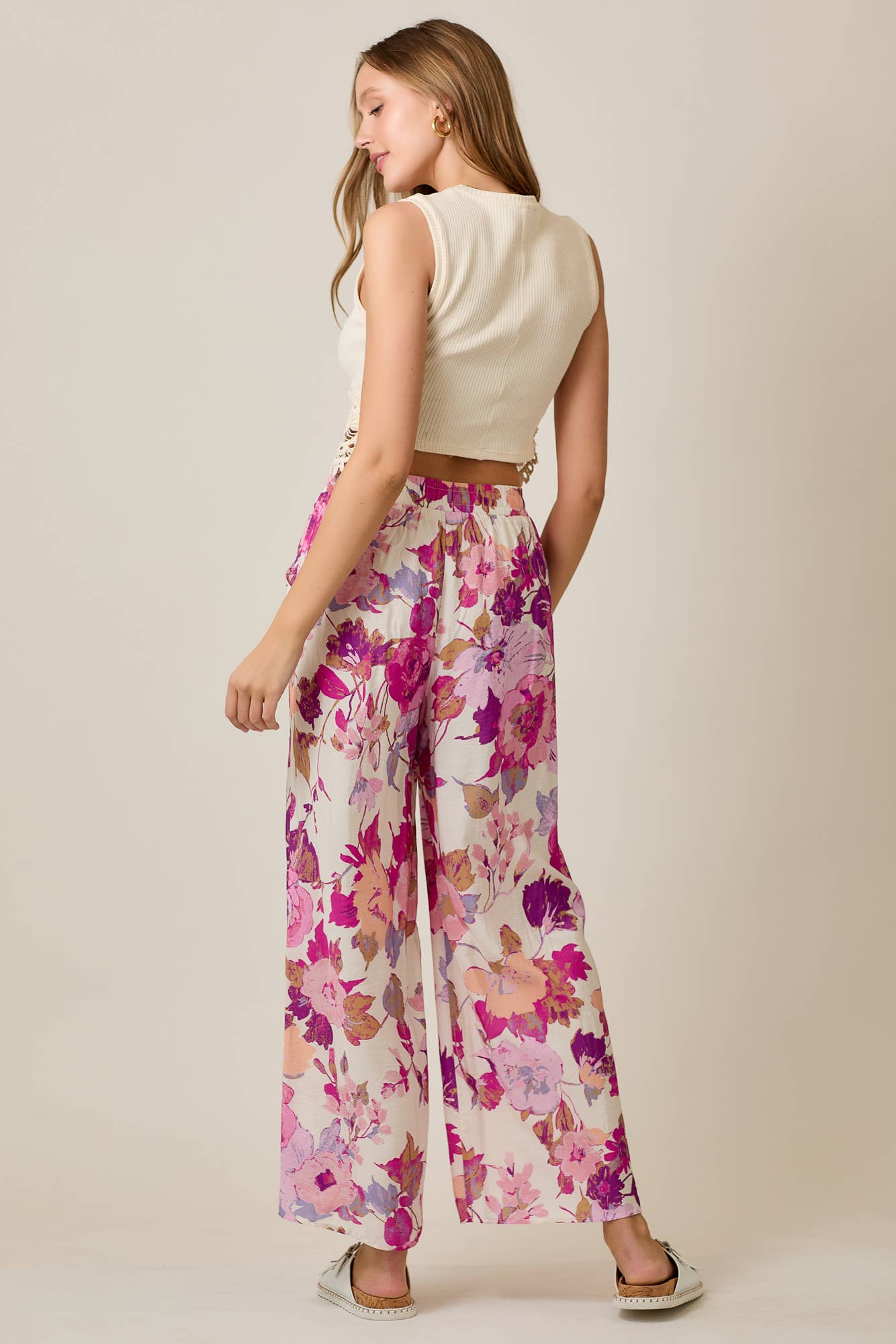 Skylar Rose - Floral Wide-Leg Pants with Elastic Waistband & Pockets