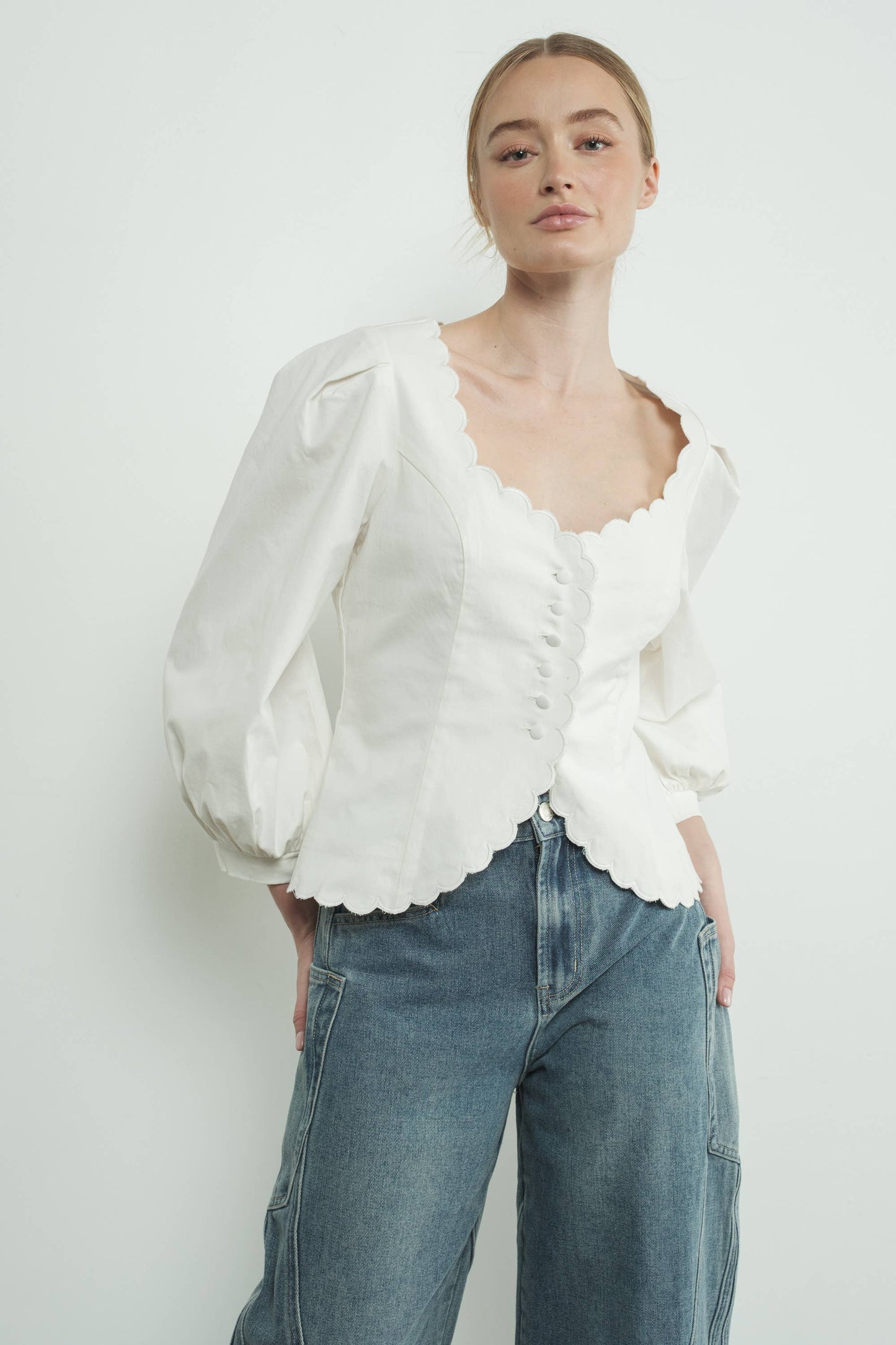 Square Neck Scallop Edge Hemline Blouse