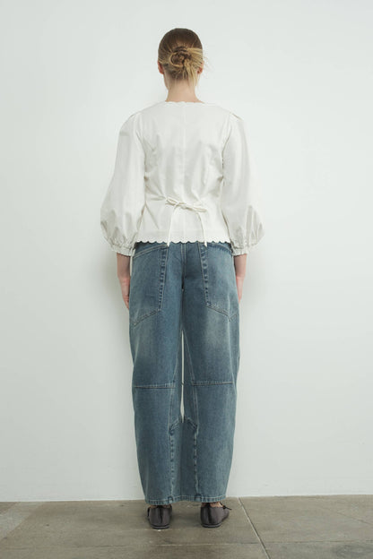 Square Neck Scallop Edge Hemline Blouse