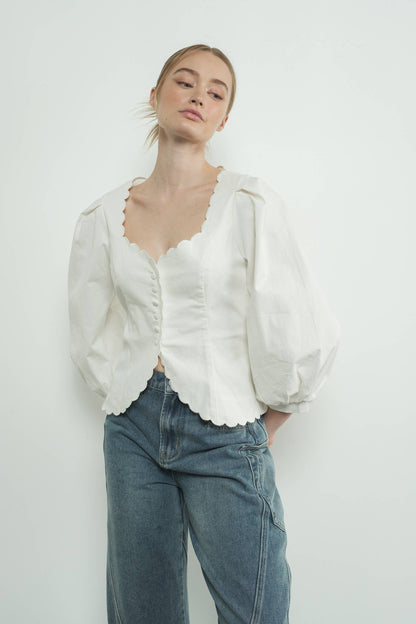 Square Neck Scallop Edge Hemline Blouse