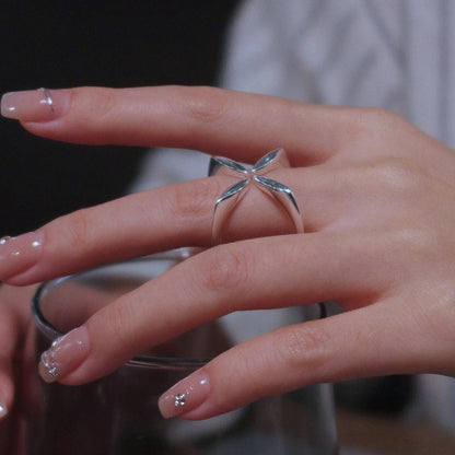 Minimalist Cross Flower Ring-Sterling Silver-Adjustable