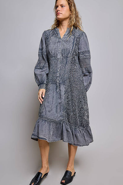 Vintage Pintuck Ruffle Washed Boho Dress