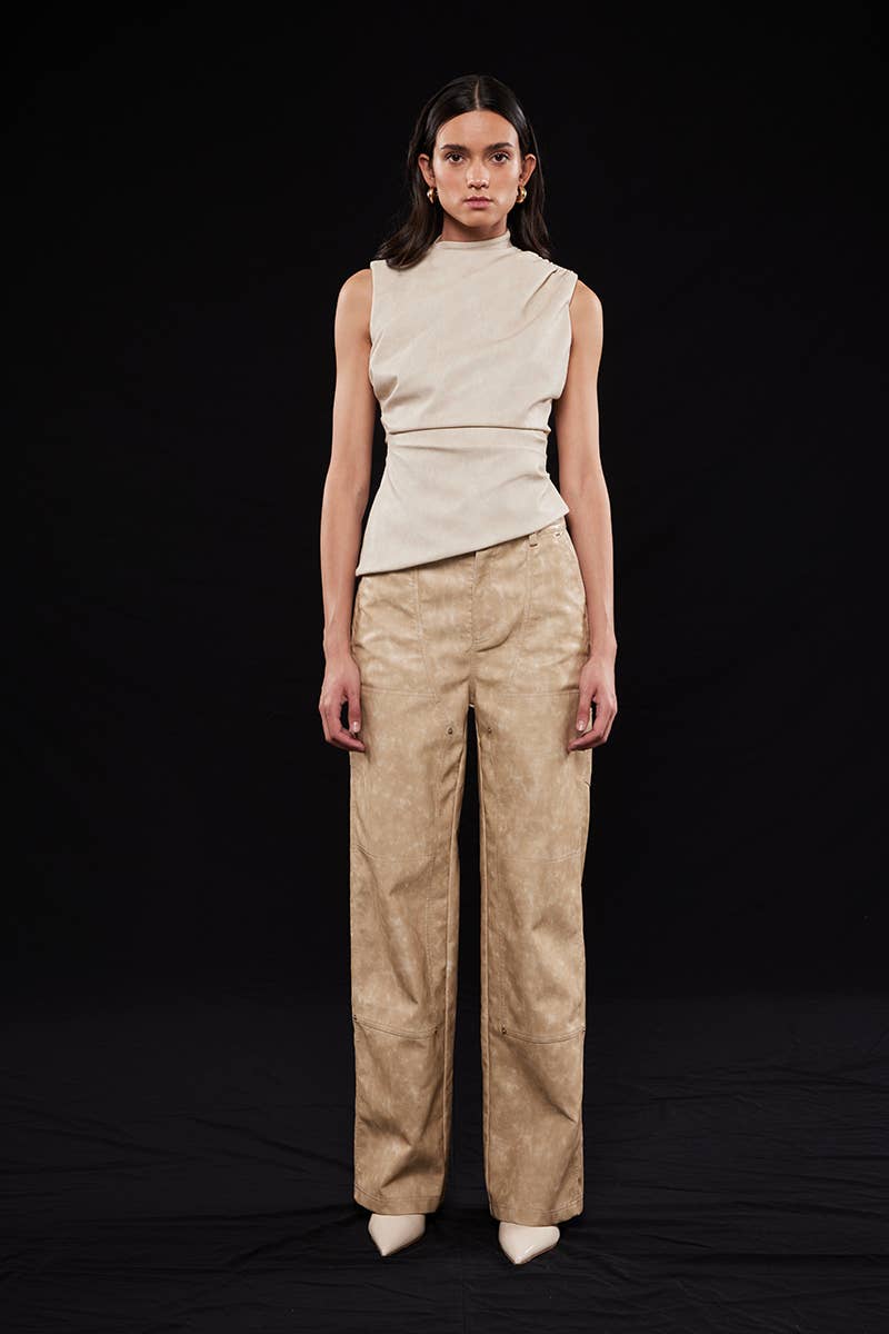 Asymmetric Pleather Mock Neck Sleeveless Top