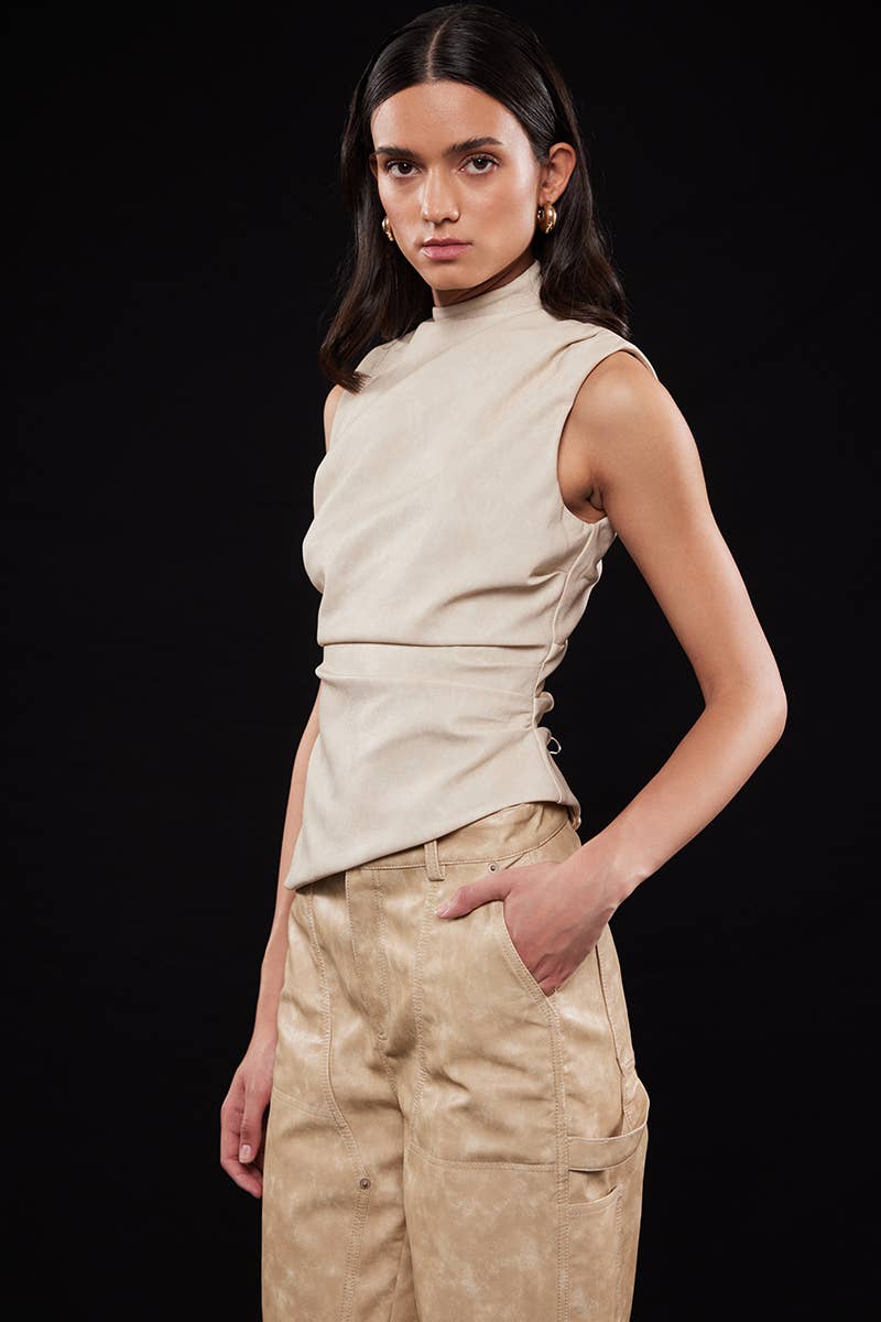 Asymmetric Pleather Mock Neck Sleeveless Top