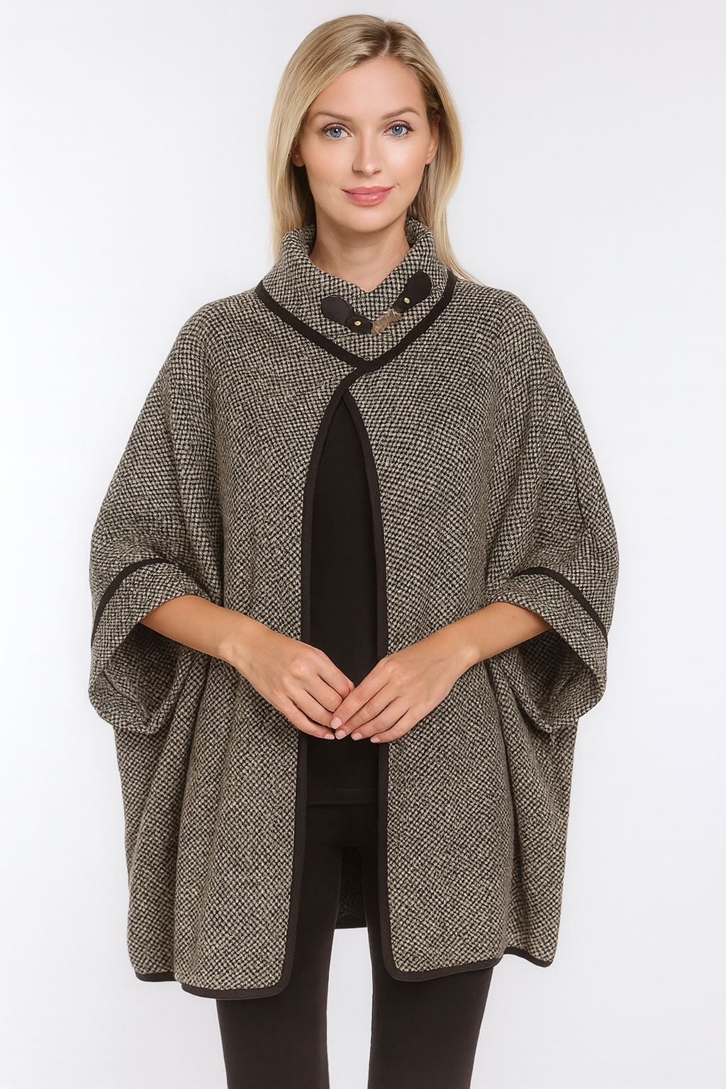 Black Knit Buckle Poncho Cape Cardigan