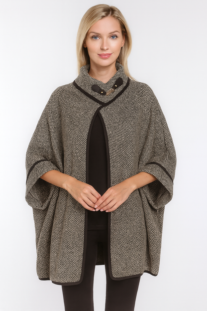 Black Knit Buckle Poncho Cape Cardigan