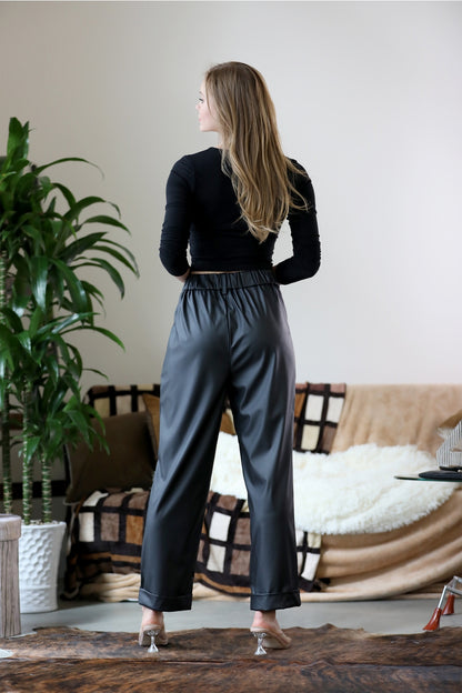 Brown Vegan Leather Pleat Front Pants