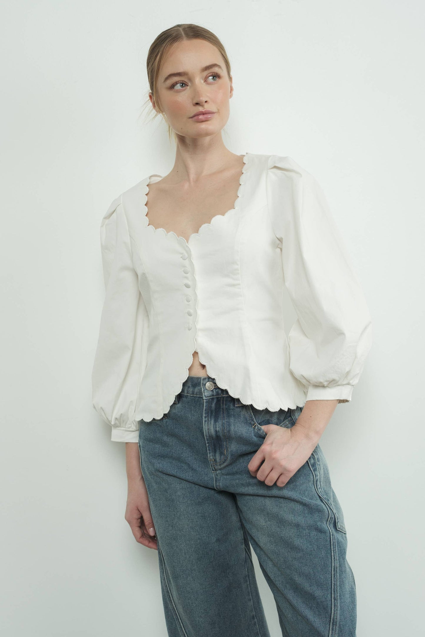 Square Neck Scallop Edge Hemline Blouse