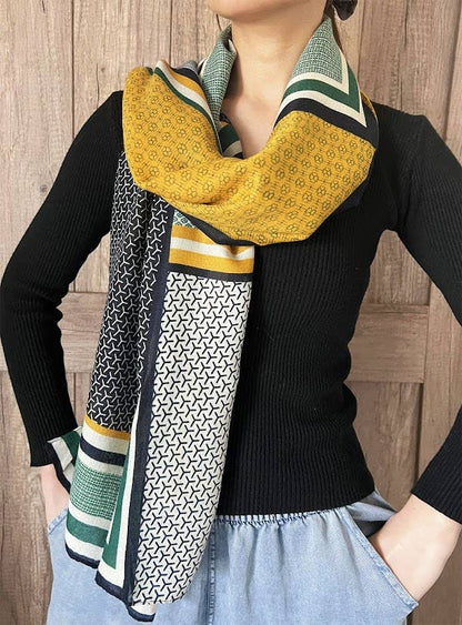 Green Multi Geometric Pattern Cotton-Wool Wrap Scarf