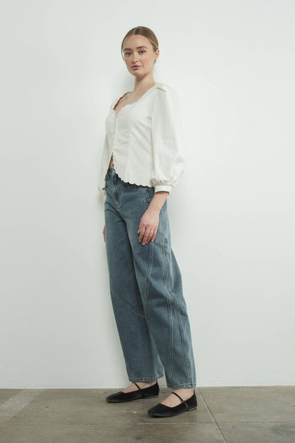Square Neck Scallop Edge Hemline Blouse
