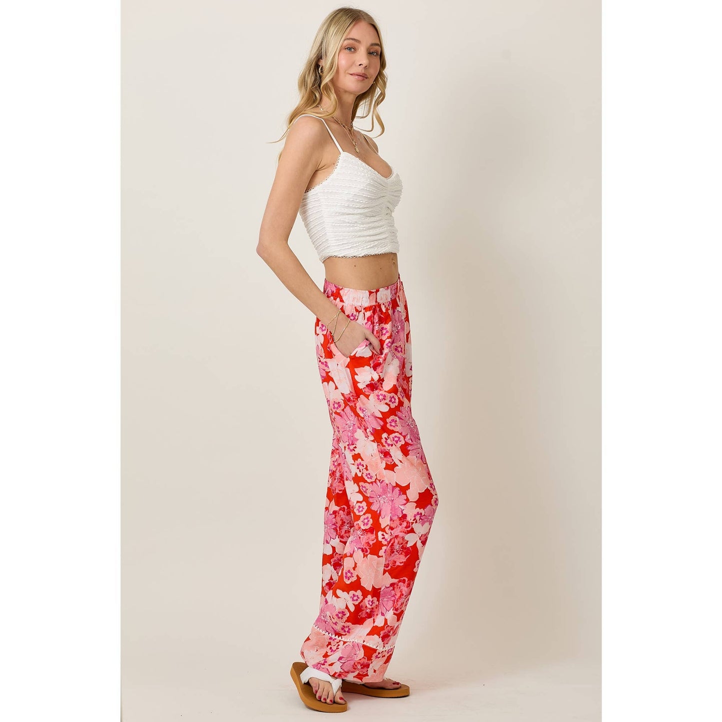Skylar Rose - Floral Print Elastic Waistband Wide Leg Pants
