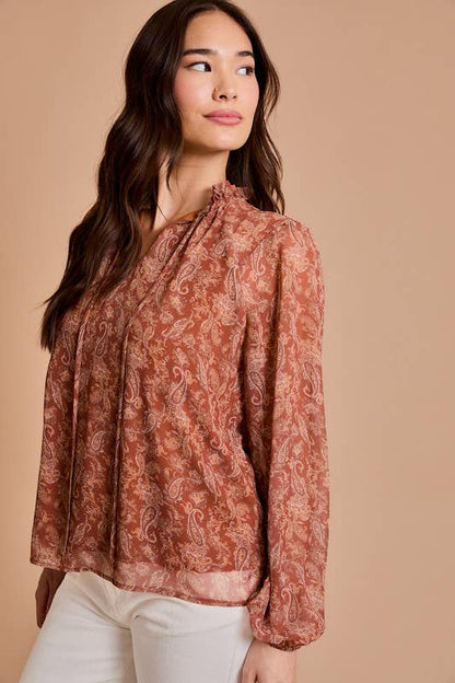 Long Sleeve Drawstring Neck Shirring Floral Print Top