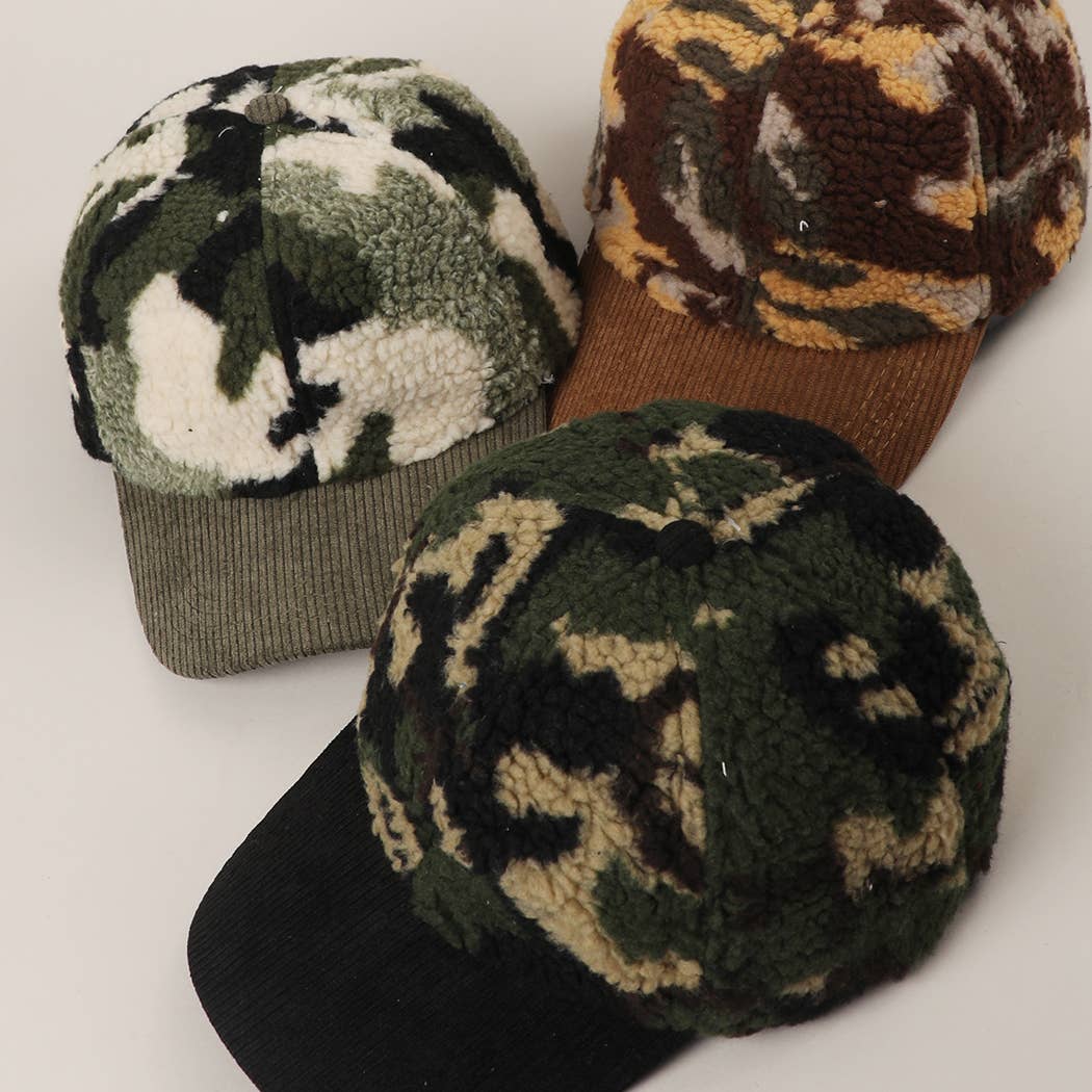 Sherpa Fleece Camo Baseball Cap with Corduroy Brim
